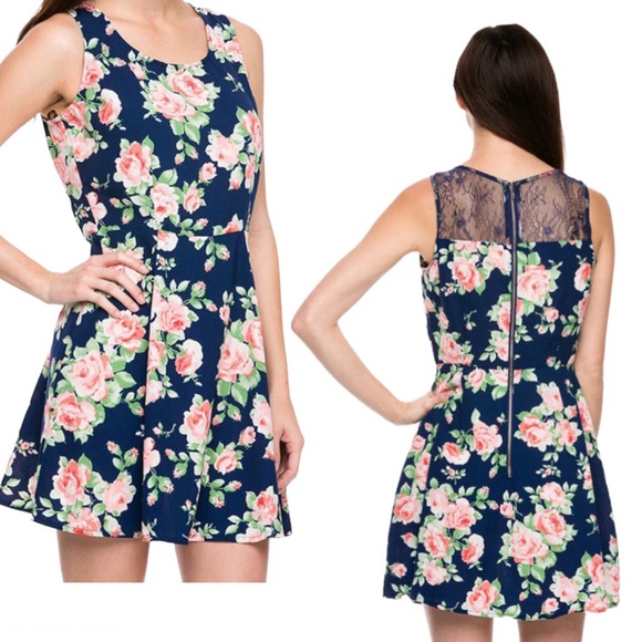 Mine Floral Print Lace Back Fit & Flare Mini Dress Navy Blue Pink M Boho Party - Picture 1 of 11
